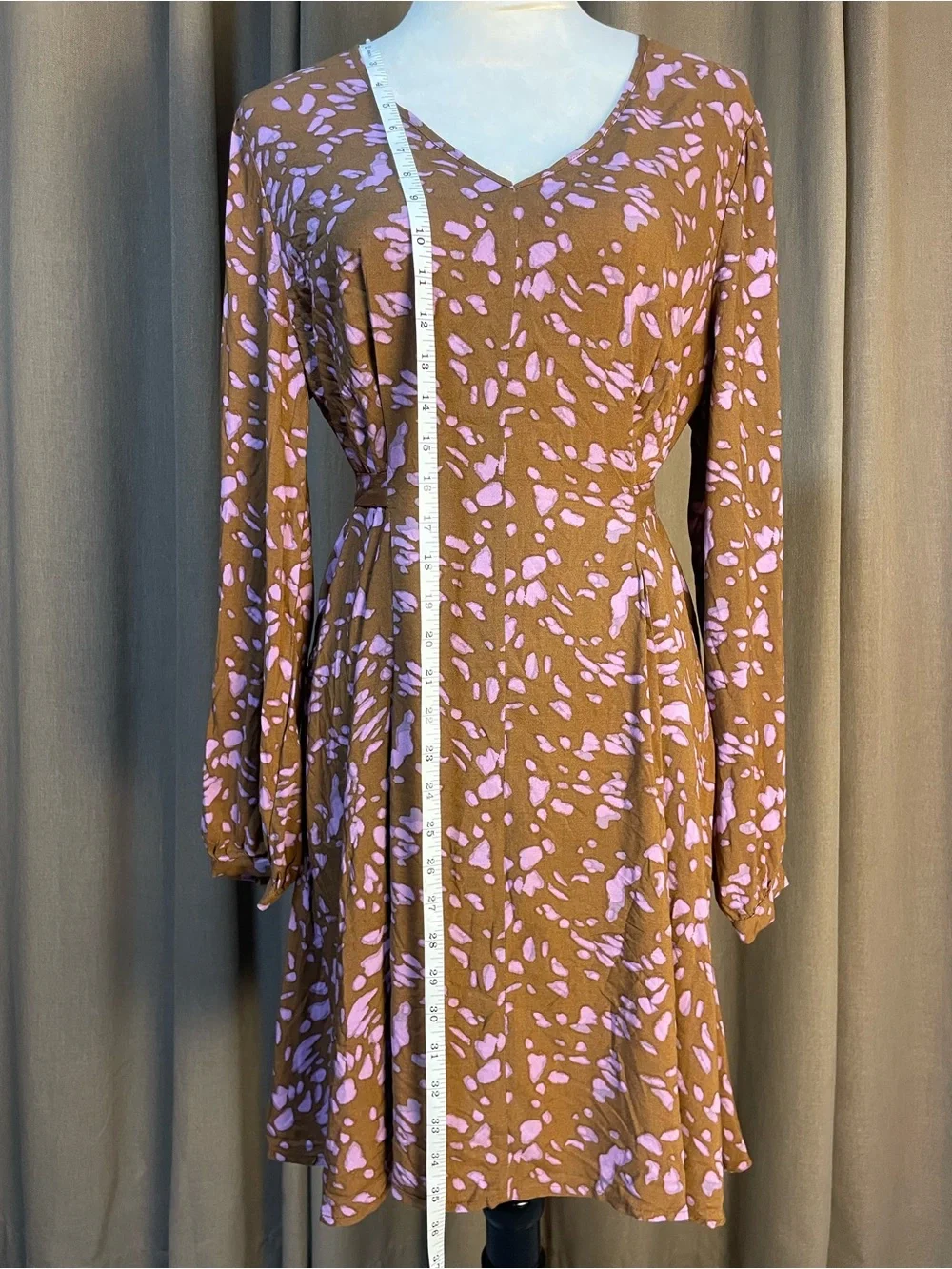 Nine West Brown Floral V-Neck Long-Sleeve Dress with Pink Print